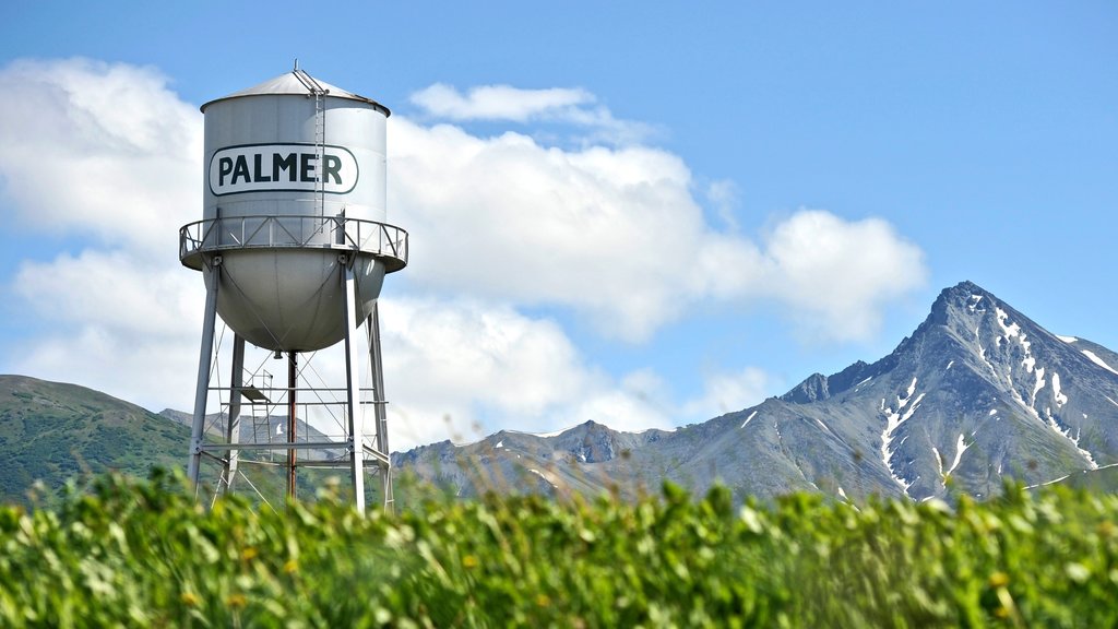 Far North Alaska featuring signage, tranquil scenes and mountains