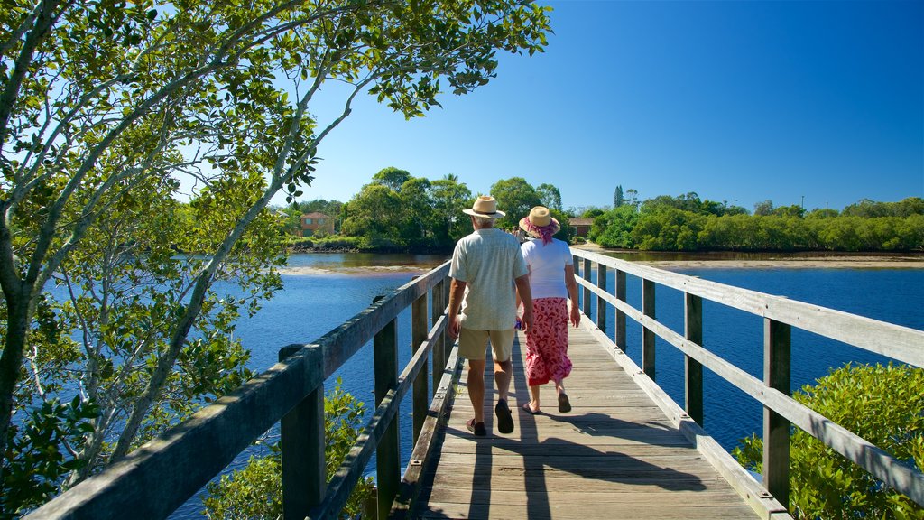 Brunswick Heads mostrando una bahía o un puerto y también una pareja