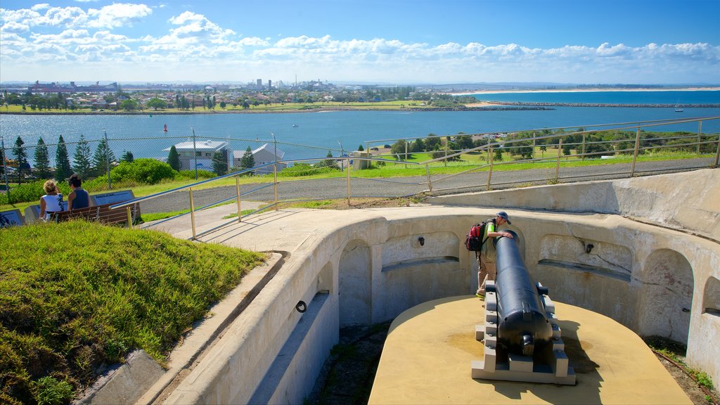 Newcastle showing a bay or harbor as well as a small group of people