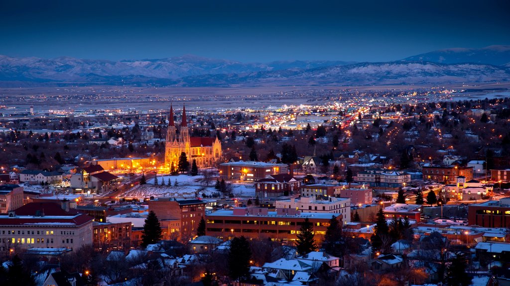 Cathedral of St. Helena showing night scenes, landscape views and a city