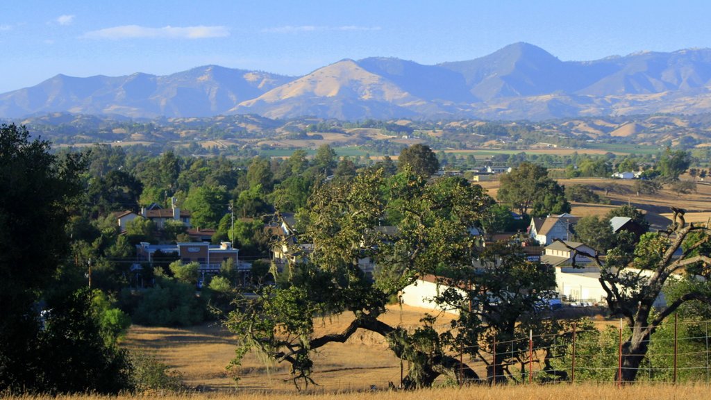 Santa Ynez Valley mostrando montañas, escenas tranquilas y una pequeña ciudad o aldea