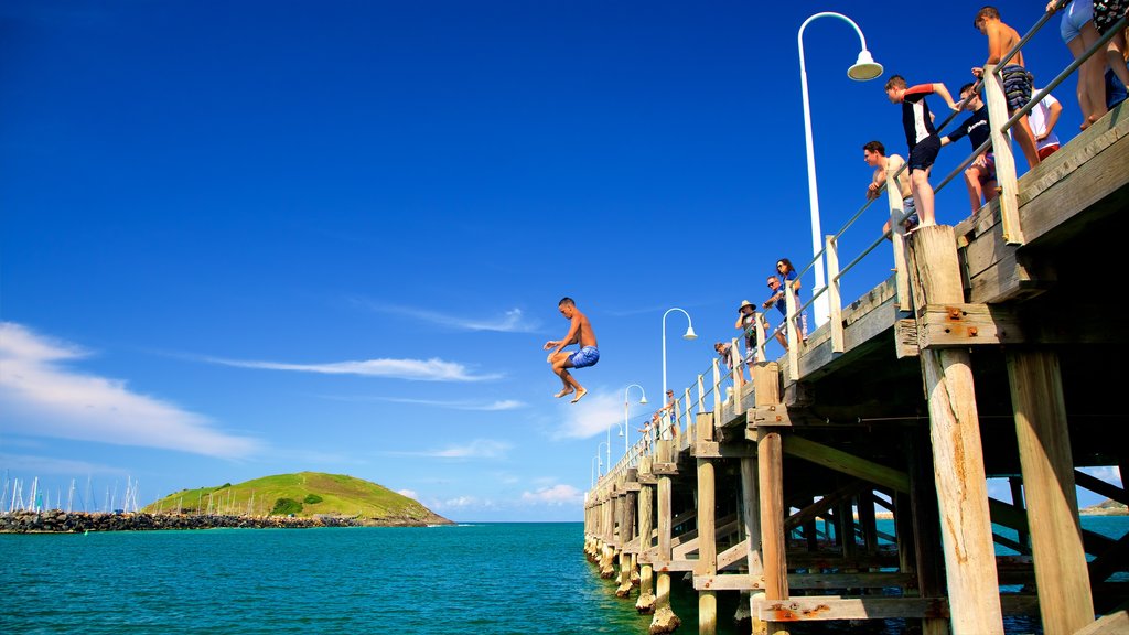 Coffs Harbour que incluye una bahía o puerto y natación y también un pequeño grupo de personas