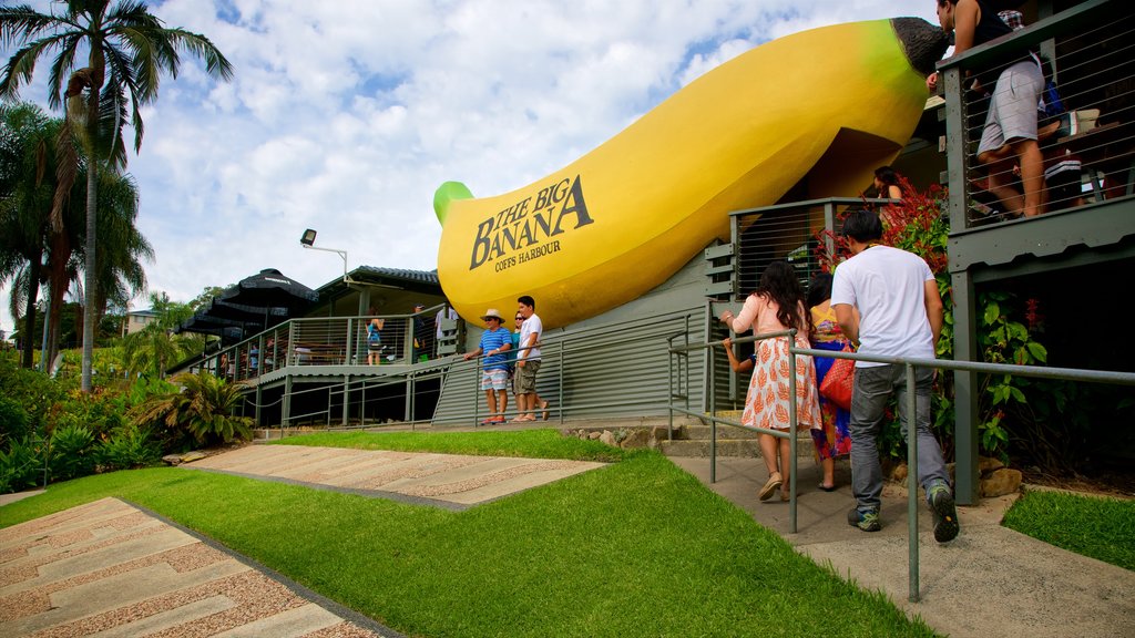 Big Banana Coffs Harbour montrant art extérieur aussi bien que un petit groupe de personnes