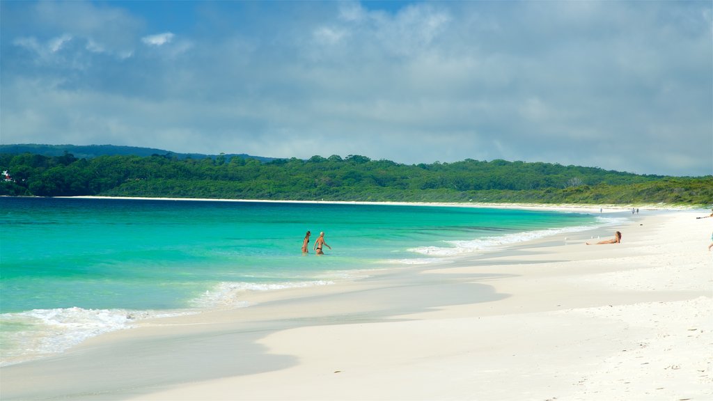 Huskisson que inclui uma praia e paisagens litorâneas assim como um pequeno grupo de pessoas