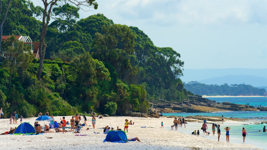 Hyams Beach que incluye una playa de arena, costa rocosa y vistas generales de la costa