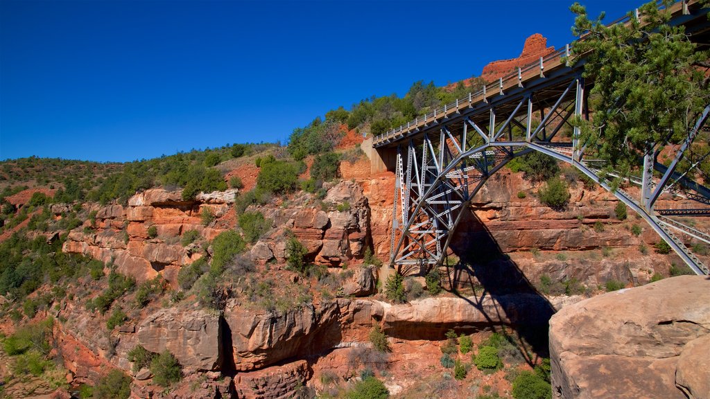 Oak Creek Canyon which includes tranquil scenes, a bridge and a gorge or canyon