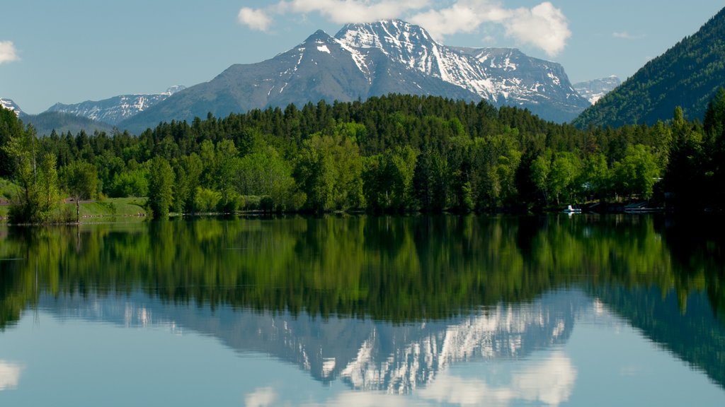 Bigfork which includes a lake or waterhole, mountains and forest scenes