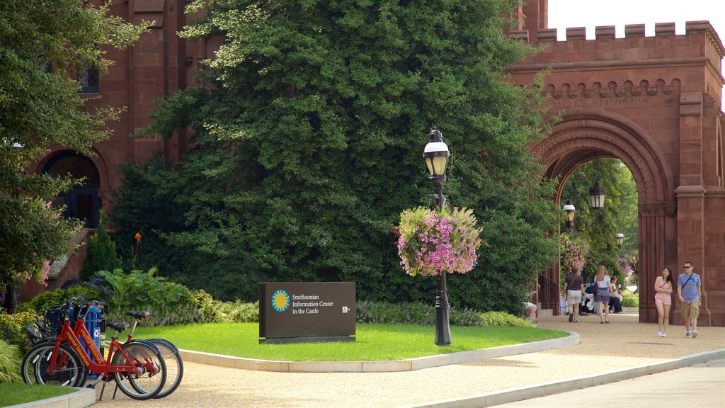 Smithsonian Castle showing signage, a castle and heritage architecture