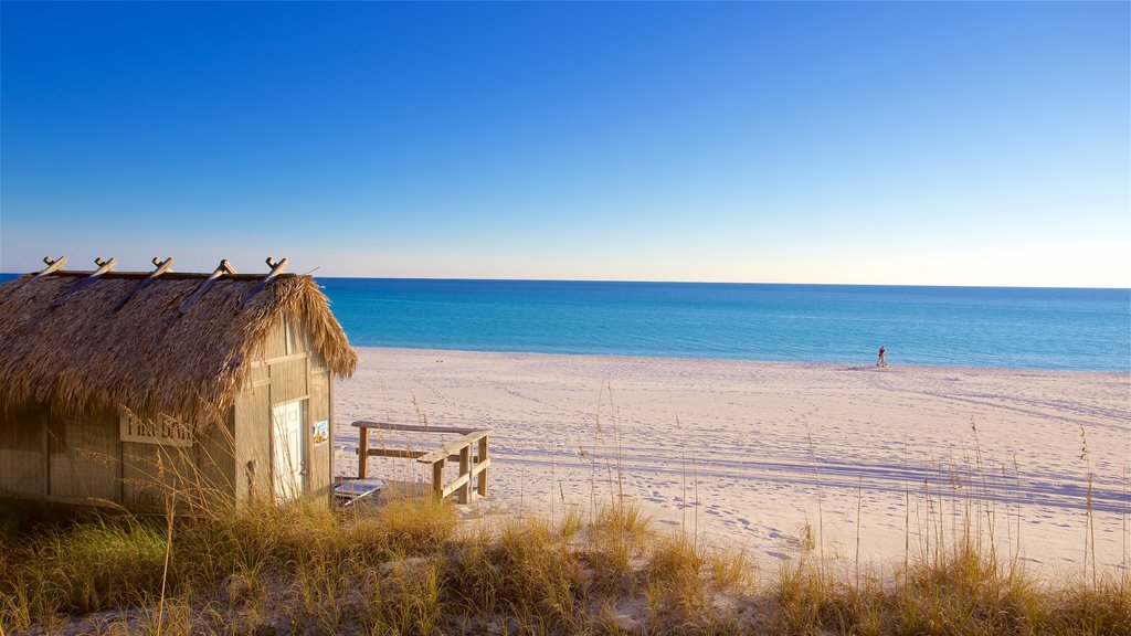 Florida Panhandle som visar en sandstrand och en hamn eller havsbukt