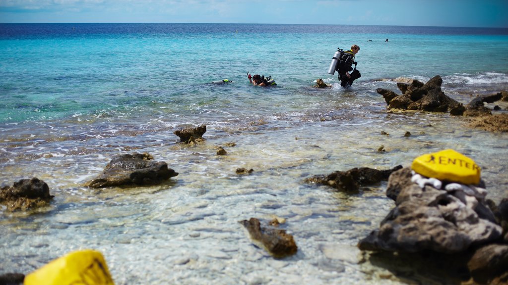 Bonaire som omfatter sportsdykning og udsigt over kystområde såvel som en mand