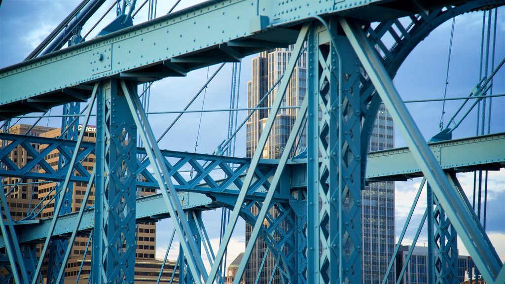 John A. Roebling Suspension Bridge que incluye una ciudad y un puente