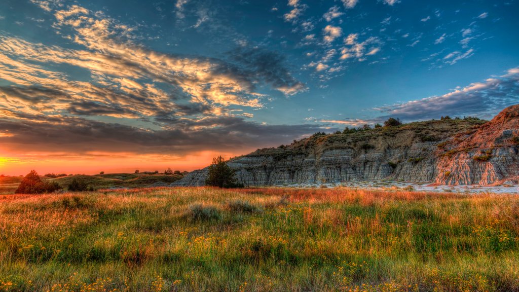 Parque Nacional Theodore Roosevelt mostrando escenas tranquilas, un atardecer y vista panorámica