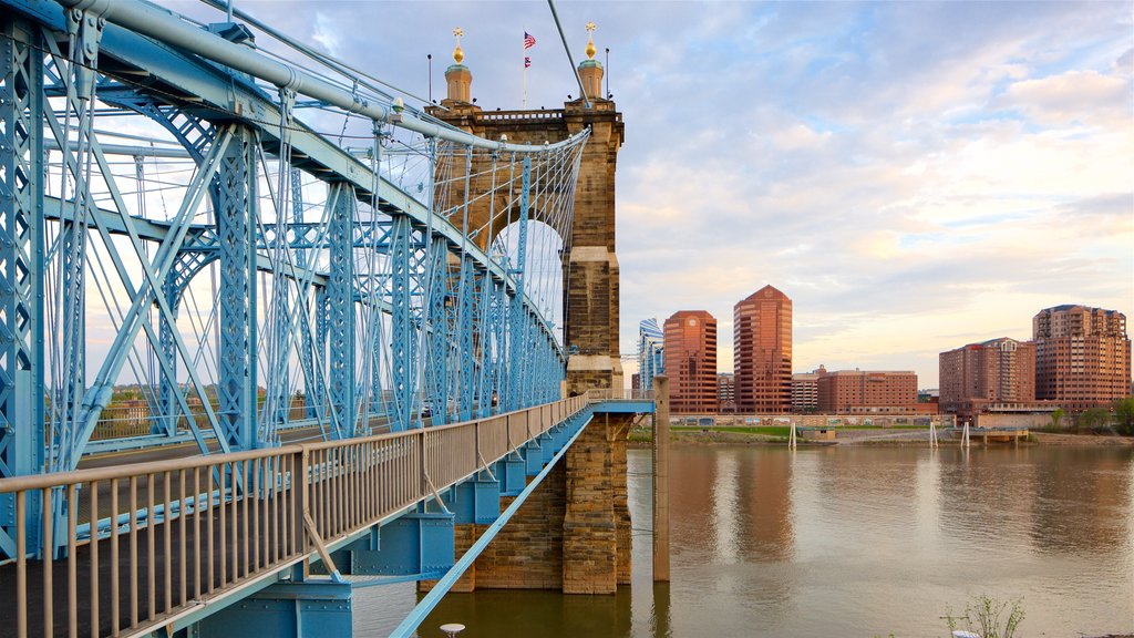 John A. Roebling Suspension Bridge featuring a sunset, a river or creek and a bridge