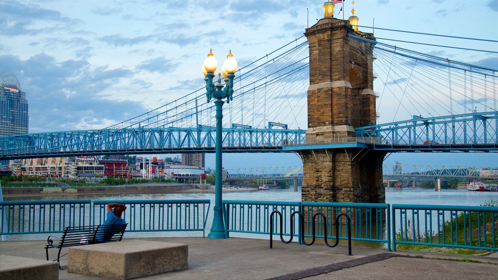 John A. Roebling Suspension Bridge featuring a river or creek, views and heritage elements