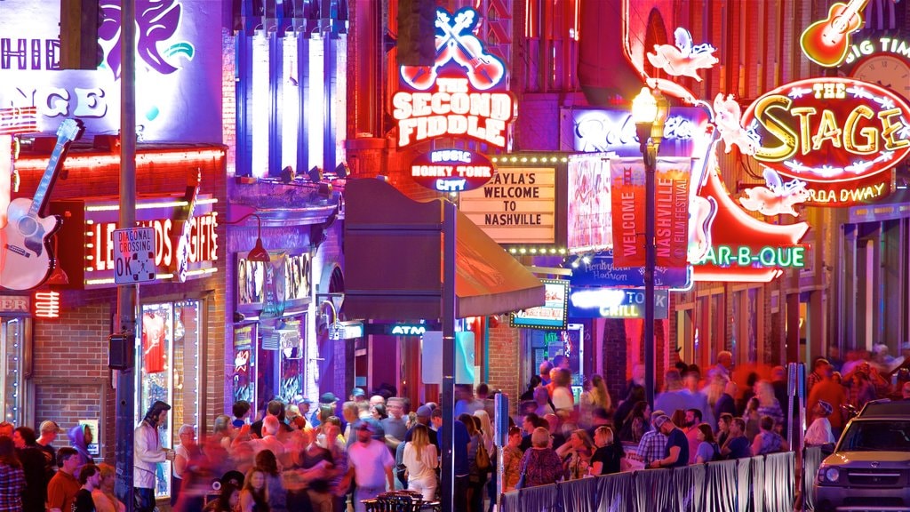 Vanderbilt University - Music Row showing signage, night scenes and nightlife