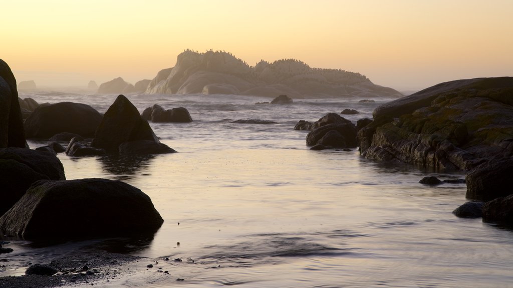 Cape Columbine Lighthouse which includes landscape views, a sunset and rugged coastline