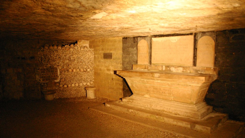 Paris Catacombs featuring interior views