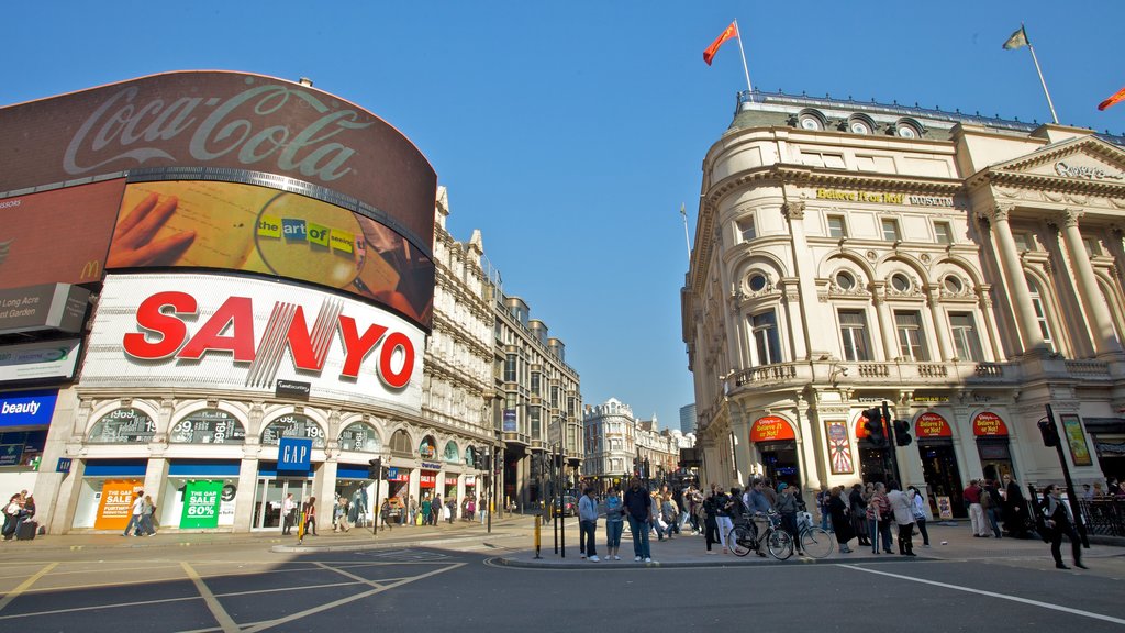 Piccadilly Circus which includes heritage architecture, street scenes and a city