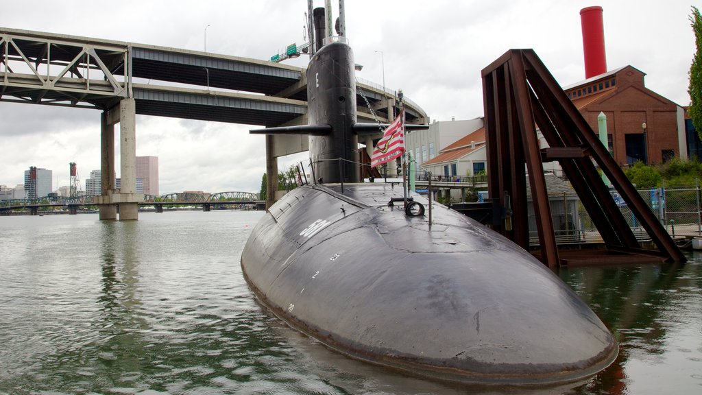 Oregon Museum of Science and Industry showing skyline, a marina and military items