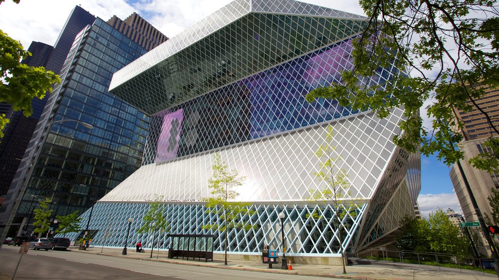 Seattle Public Library showing modern architecture and a city