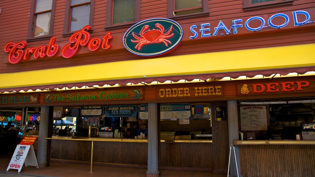 Seattle Waterfront showing signage, a city and street scenes