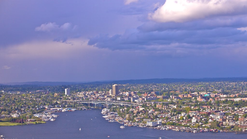 Space Needle showing a marina and landscape views