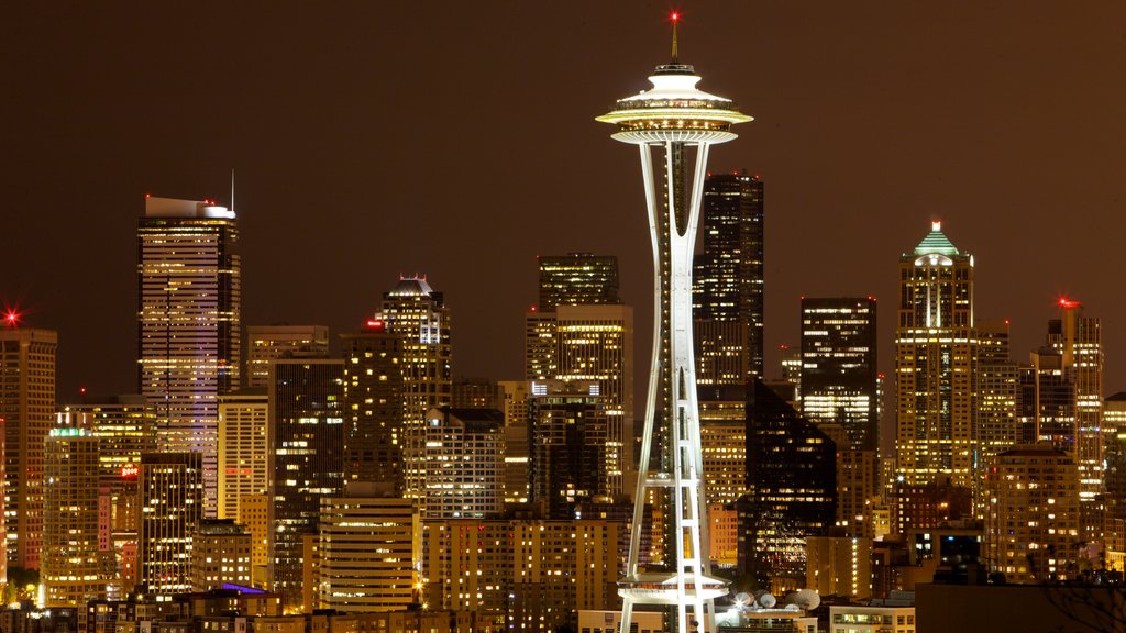 Kerry Park which includes skyline, night scenes and modern architecture