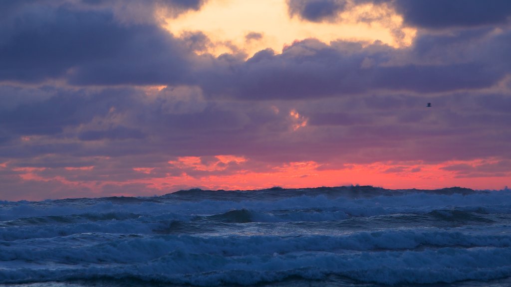 Cannon Beach showing surf and a sunset