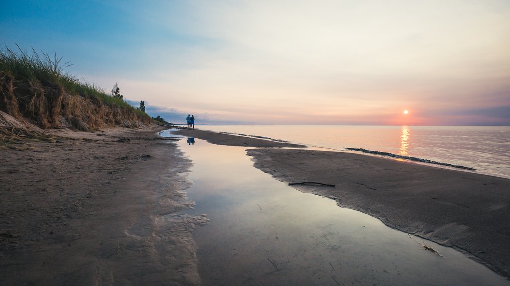 Grand Bend mostrando una playa de arena, un atardecer y vistas de una costa