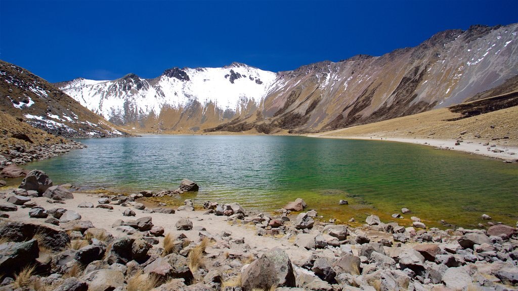 Toluca which includes a lake or waterhole, mountains and a pebble beach