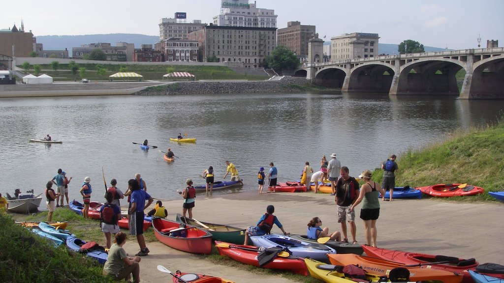 Scranton showing a river or creek, a bridge and kayaking or canoeing