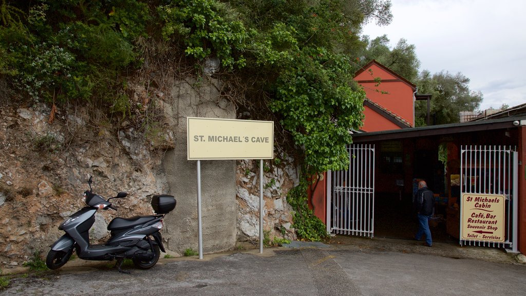 St Michael\'s Cave showing cafe scenes and signage