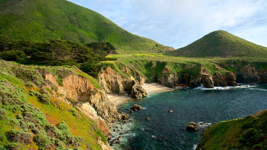 Garrapata Beach fasiliteter samt klippelandskap, rolig landskap og kyst