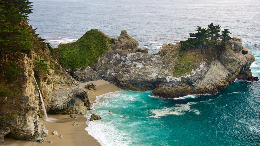 McWay Falls showing a sandy beach, rugged coastline and general coastal views