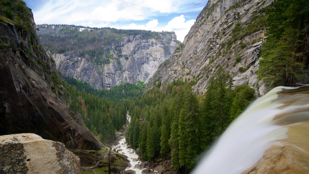 Vernal Falls mostrando montanhas, uma cachoeira e florestas