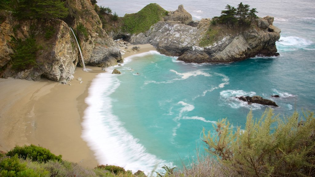 McWay Falls which includes a beach and a bay or harbour