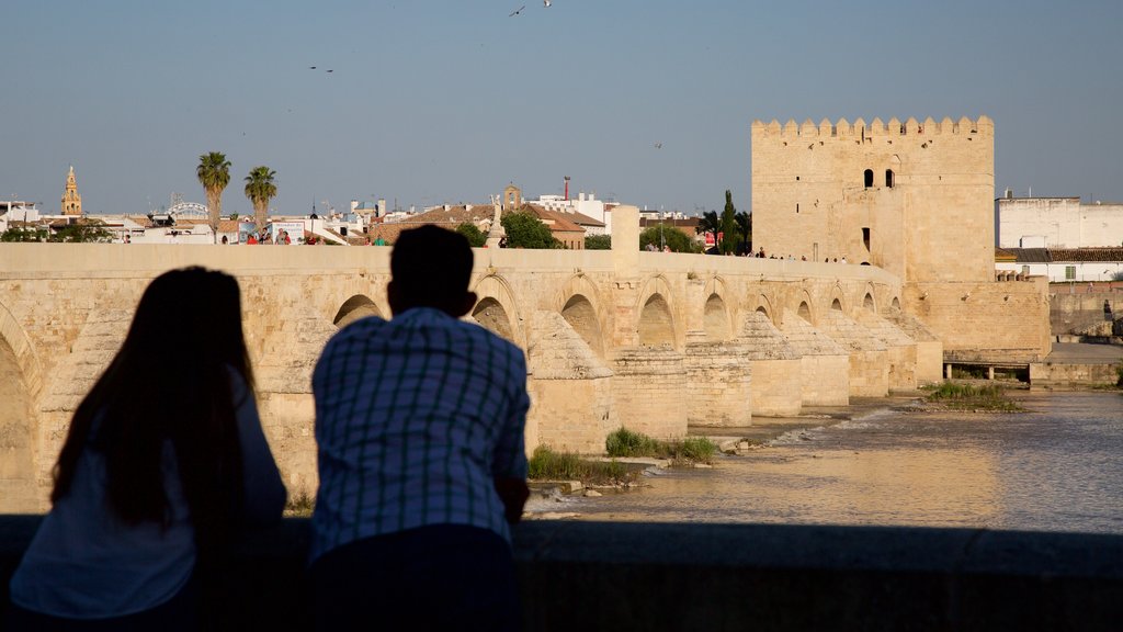 Calahorra Tower showing a bridge and a river or creek as well as a small group of people