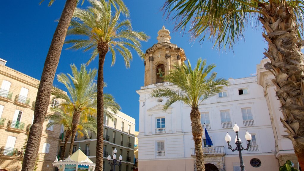 Cádiz mostrando escenas tropicales y una pequeña ciudad o aldea