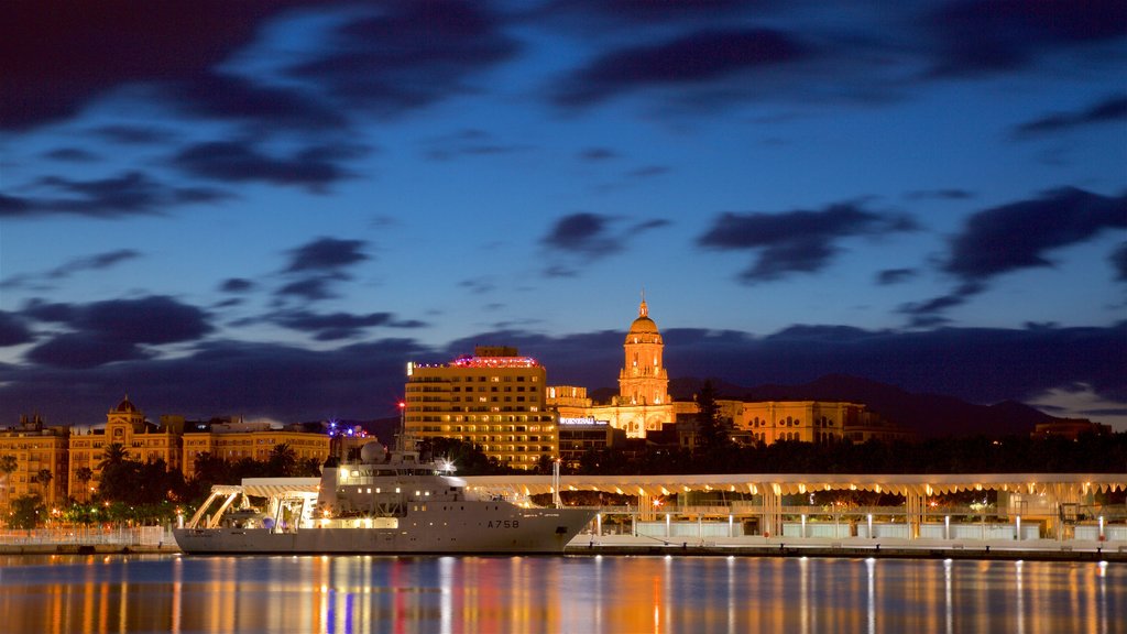 Puerto de Málaga ofreciendo una ciudad, botes y escenas de noche