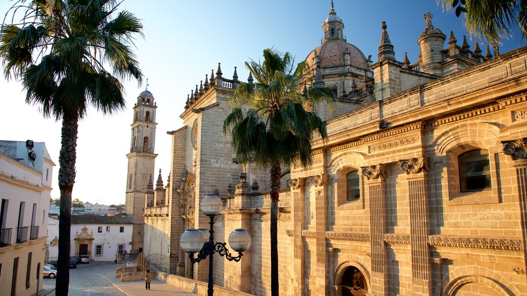 Jerez Cathedral featuring street scenes and a church or cathedral