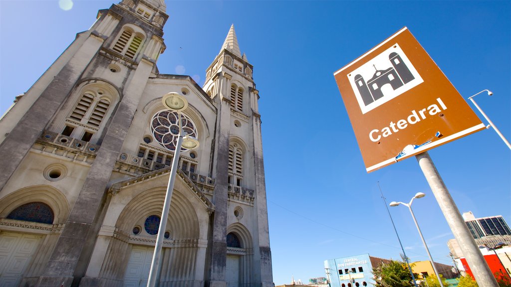 Metropolitan Cathedral of Fortaleza showing street scenes, a church or cathedral and signage