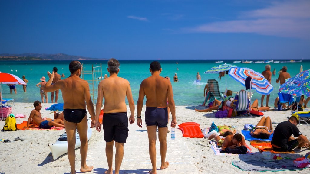 San Teodoro showing a beach and general coastal views as well as a small group of people