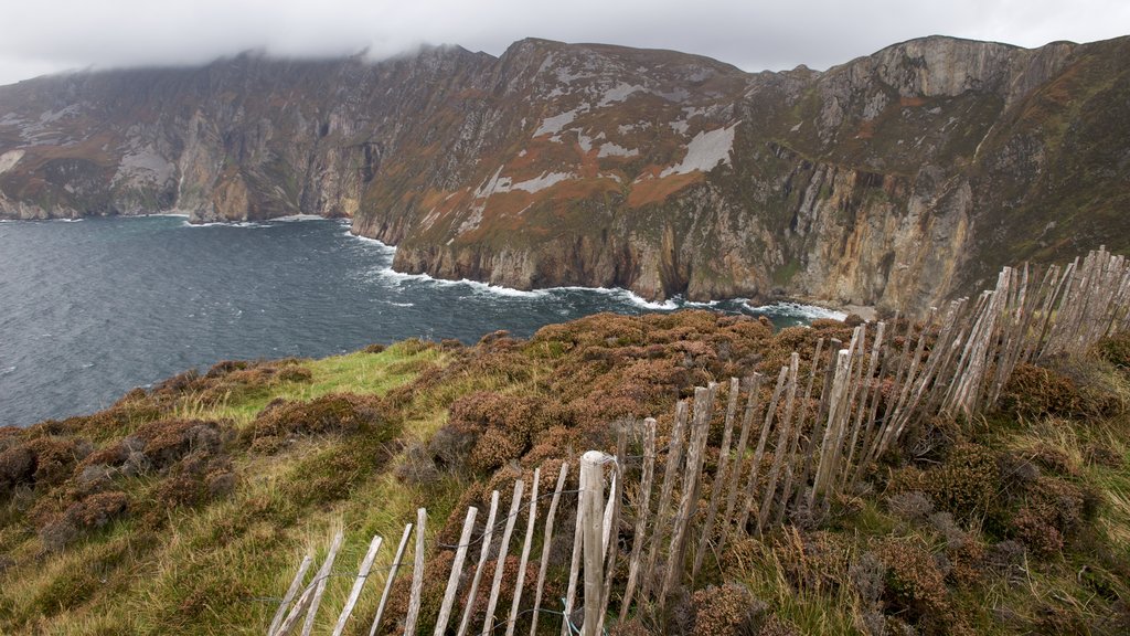 Slieve League which includes tranquil scenes and rocky coastline