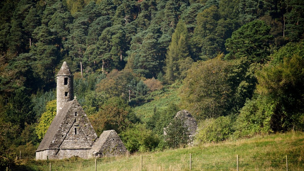 Glendalough som viser fredfyldte omgivelser og kulturarvsgenstande