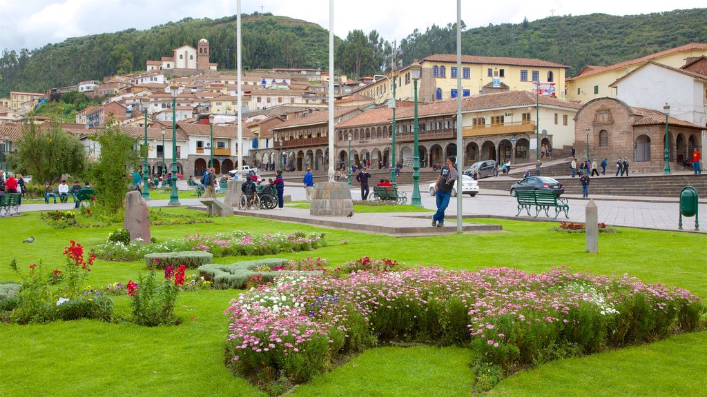 Plaza de Armas som viser park og villblomster