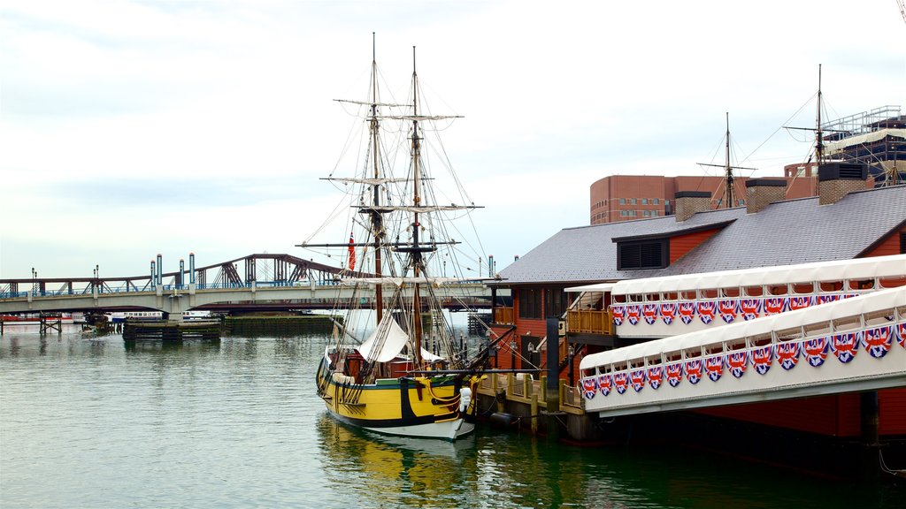 Boston Tea Party Ship showing a bridge, boating and a bay or harbour