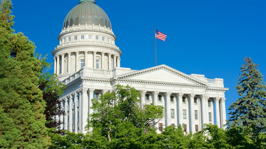 Utah State Capitol showing heritage architecture and an administrative building