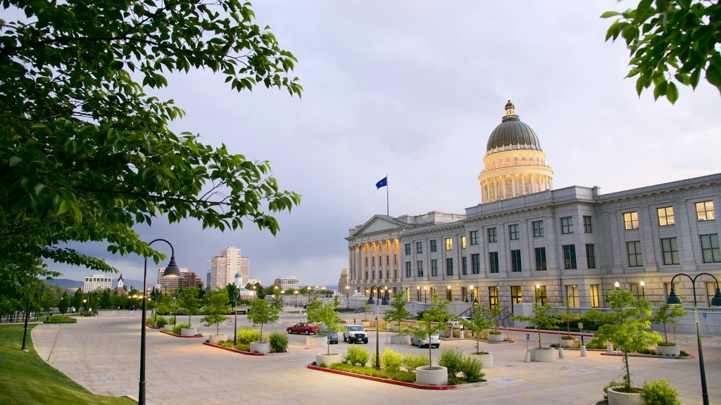 Utah State Capitol showing heritage architecture and an administrative building