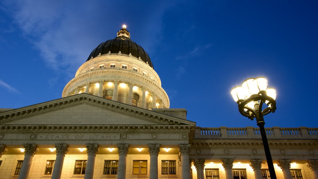 Utah State Capitol showing an administrative building, night scenes and heritage architecture