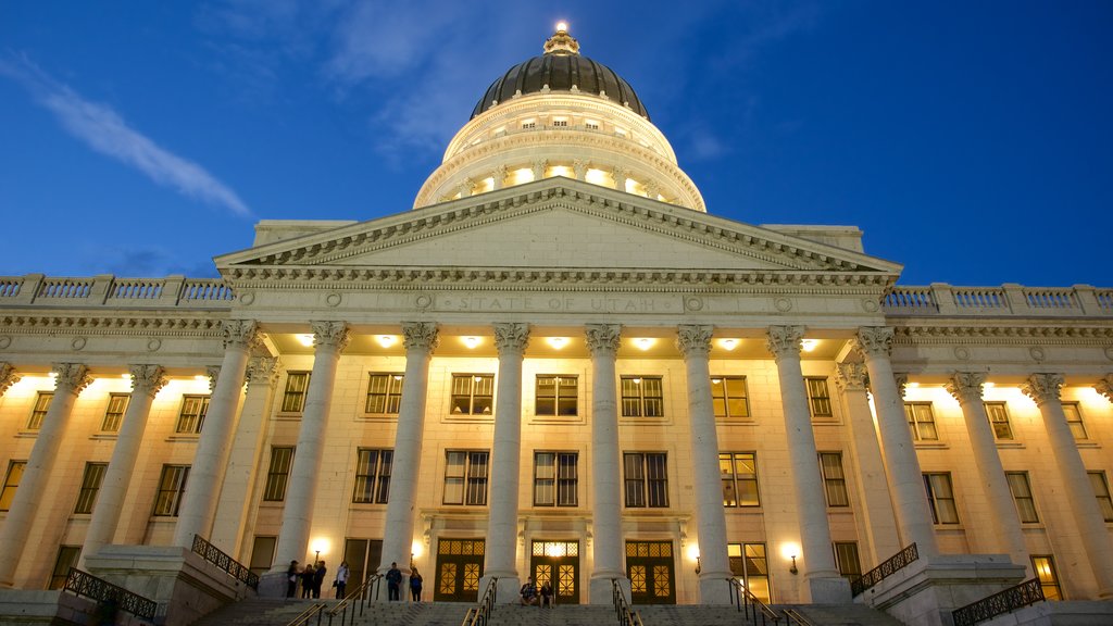 Utah State Capitol showing night scenes, an administrative building and heritage architecture